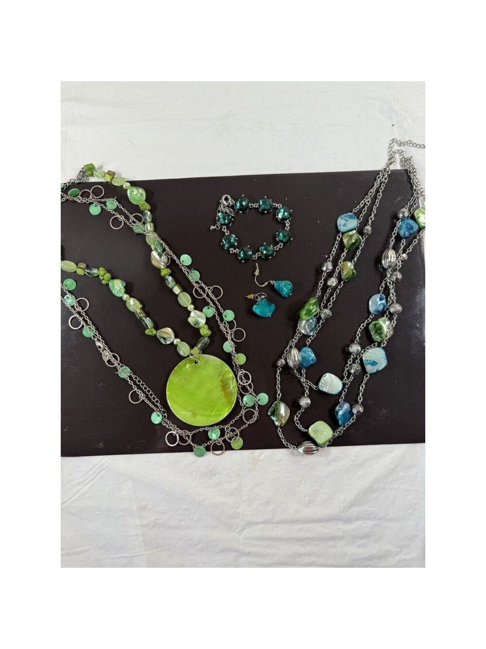 Abalone Shell Necklace Bracelet Earrings Set Pierced Vintage Blue Green 5 Pieces